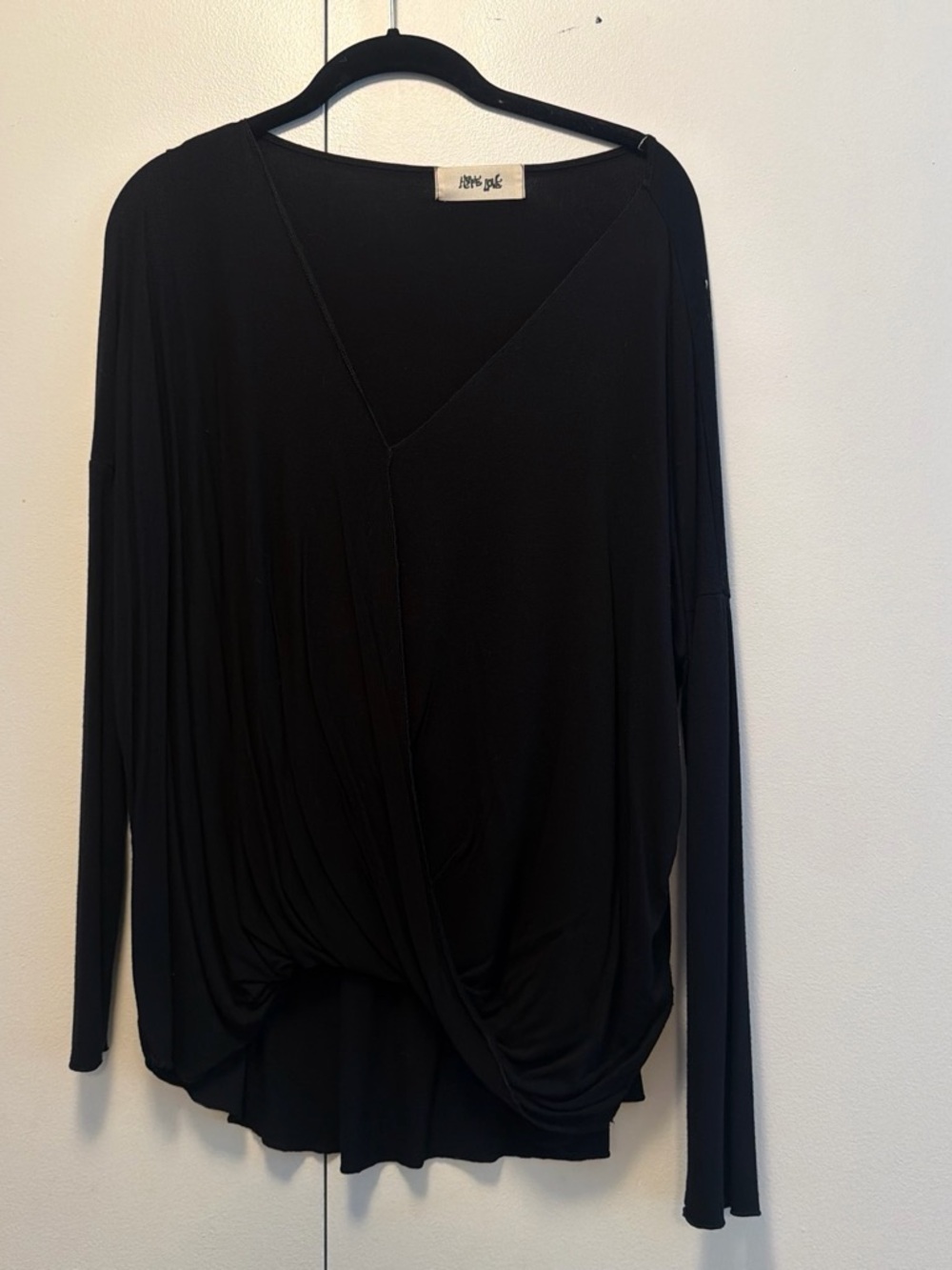 Black Draped V-Neck Long Sleeve Top